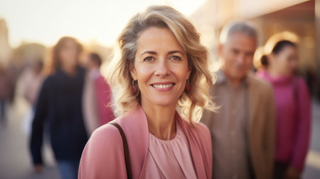 Happy and pretty woman stands in crowd and laughsの素材