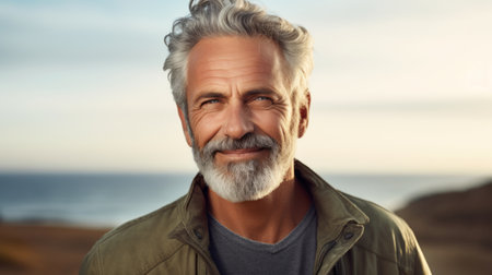 portrait of attractive middle aged man in sportive outfit, hiking outdoor in the mountainsの素材