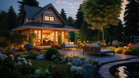 Lonely illuminated villa in nature by a pond at duskの素材
