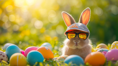 funny Easter bunny with sunglasses and cap sits in the grass with colourful Easter eggsの素材