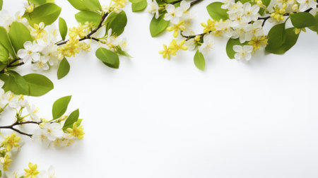 springtime and summer leaves on white background with copy spaceの素材