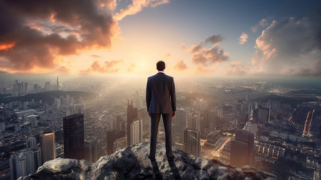Businessman stands thoughtfully on a mountain overlooking a city with dramatic clouds in the skyの素材