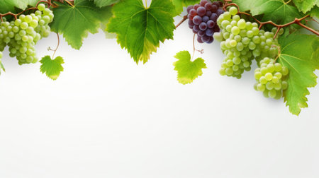 grapevine fruits and leaves as border on white background with copy spaceの素材