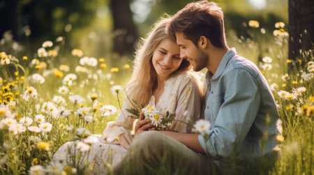 a romantic couple in love sits in an embrace on a spring meadow with flowersの素材