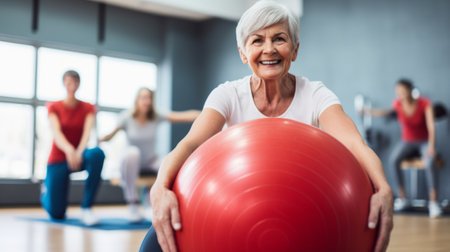 old senior woman doing sports in a gymnastics studioの素材