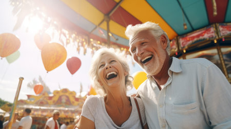 An older senior couple has fun and joy at an amusement parkの素材