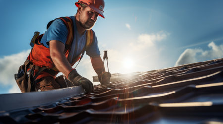 roofer and craftsman is working and installing on rooftopの素材