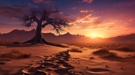 footsteps in the sand of the desert to horizon with sunsetの素材