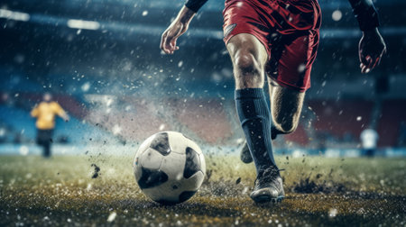 A football is played in action by the player in the stadiumの素材