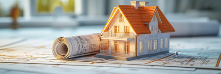 3d rendering project of new building model house on blueprint planの素材