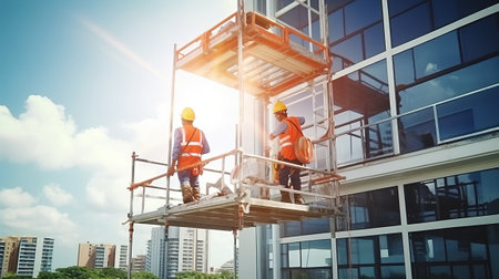 Craftsman and carpenter working on construction site at new houseの素材