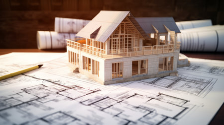 vision of architecture of a 3d model house project with blueprintの素材