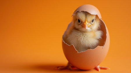 cute young fluffy easter chick baby hatches from the eggshellの素材