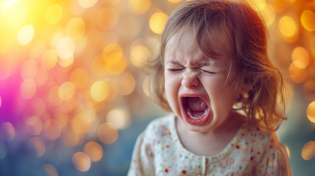 little young girl is angry, cries and screamsの素材