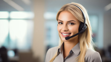 Pretty woman works in a customer center with headset, headphone and microphoneの素材
