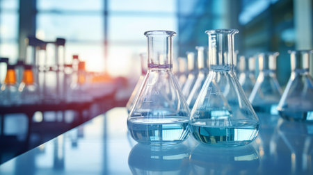 Glass flask with liquid in a laboratoryの素材
