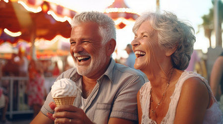 An older senior couple has fun and joy at an amusement parkの素材