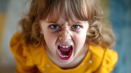 little young girl is angry, cries and screamsの素材