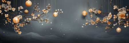 Branches with abstract Japanese cherry blossoms and bokeh on a blurred dark background and copy space in form web bannerの素材