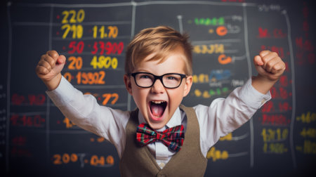 6 year old boy stands as a professor with a bow tie in front of a blackboard with formulasの素材