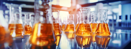 Glass flask with liquid in a laboratoryの素材