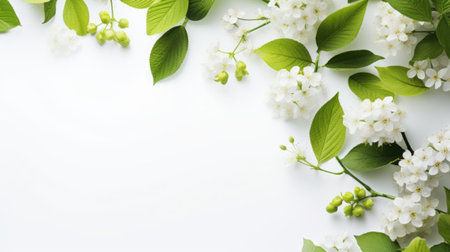 springtime and summer leaves on white background with copy spaceの素材