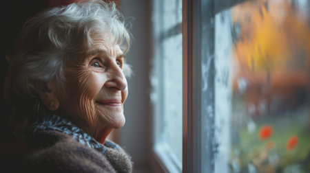 old senior woman contemplative  looking out of the windowの素材