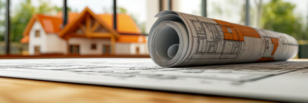 3d rendering project of new building model house on blueprint planの素材