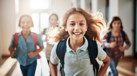 schoolchildren run out of school after lessonsの素材