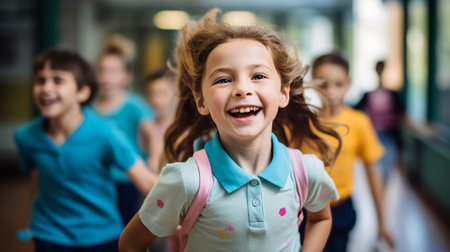 schoolchildren run out of school after lessonsの素材