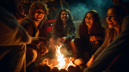A group of young people sit around a campfire and celebrateの素材