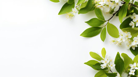 springtime and summer leaves on white background with copy spaceの素材