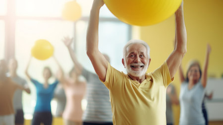 old aged senior man doing sports in a gymnastics studioの素材