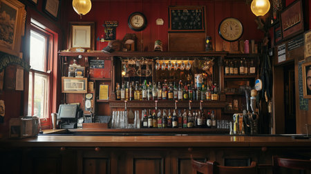 the counter bar in a cosy old english or irish pub with lots of whisky bottles in the backgroundの素材