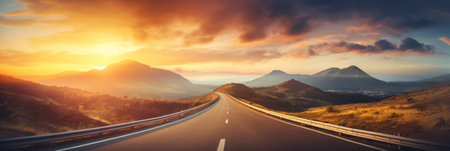 A curvy road winds through the mountains in sunsetの素材