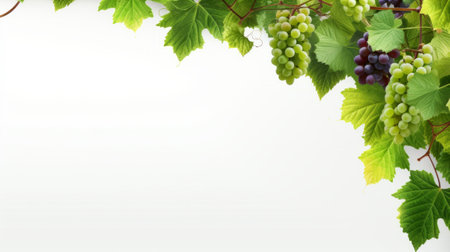 grapevine fruits and leaves as border on white background with copy spaceの素材
