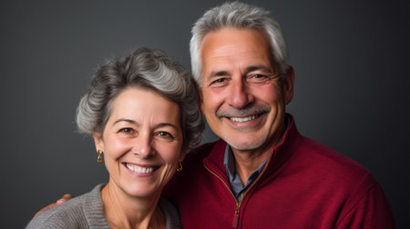 An older, middle-aged couple is happy, having fun and laughing indoorの素材
