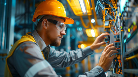electrician and engineer work on an electrical circuit with many cables for communication and data transferの素材
