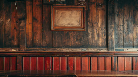 A blank picture frame hanging on the old textured wooden wall in a cosy old english or irish pubの素材