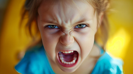 little young girl is angry, cries and screamsの素材