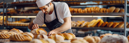 Baker prepares fresh bread in the bakery for sale in shopの素材