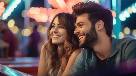 A young couple has fun and joy at an amusement parkの素材