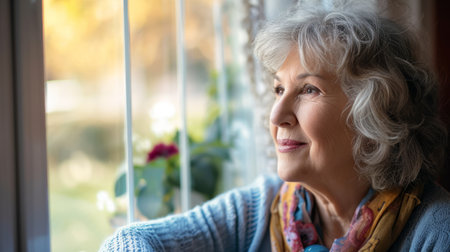 old senior woman contemplative  looking out of the windowの素材