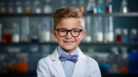 6 year old boy stands as a professor with a bow tie in front of a blackboard with formulasの素材