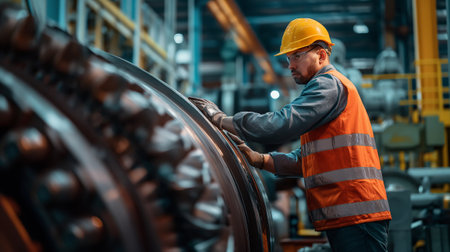 a mechanical engineer works on a huge metal machineの素材