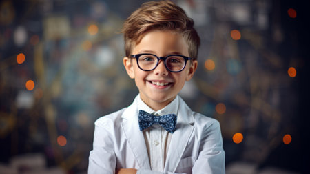 6 year old boy stands as a professor with a bow tie in front of a blackboard with formulasの素材
