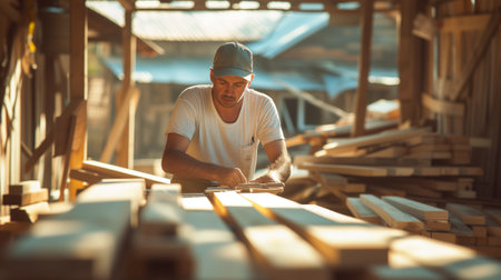 carpenter works with tools on a wooden boardの素材