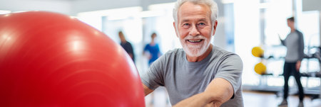 old aged senior man doing sports in a gymnastics studioの素材