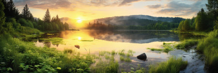 Tranquil scene of a panoramic landscape with sunset and sky over idyllic lake and river with reflectionの素材