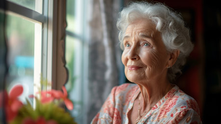 old senior woman contemplative  looking out of the windowの素材